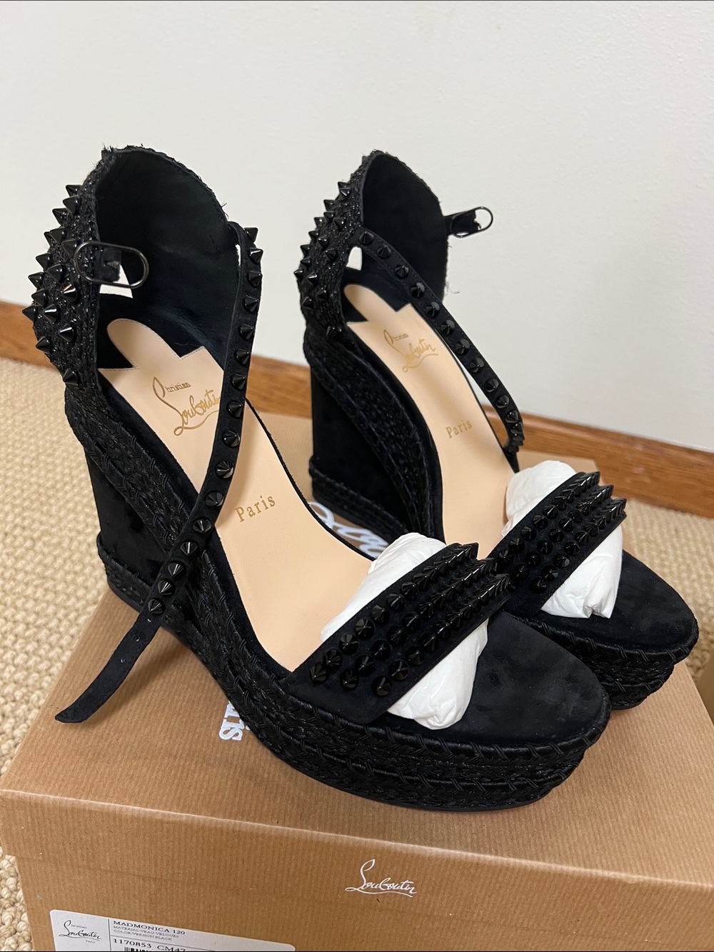 Christian Louboutin Black Studded Suede Espadrille Wedge Sandals - Picture 3 of 4